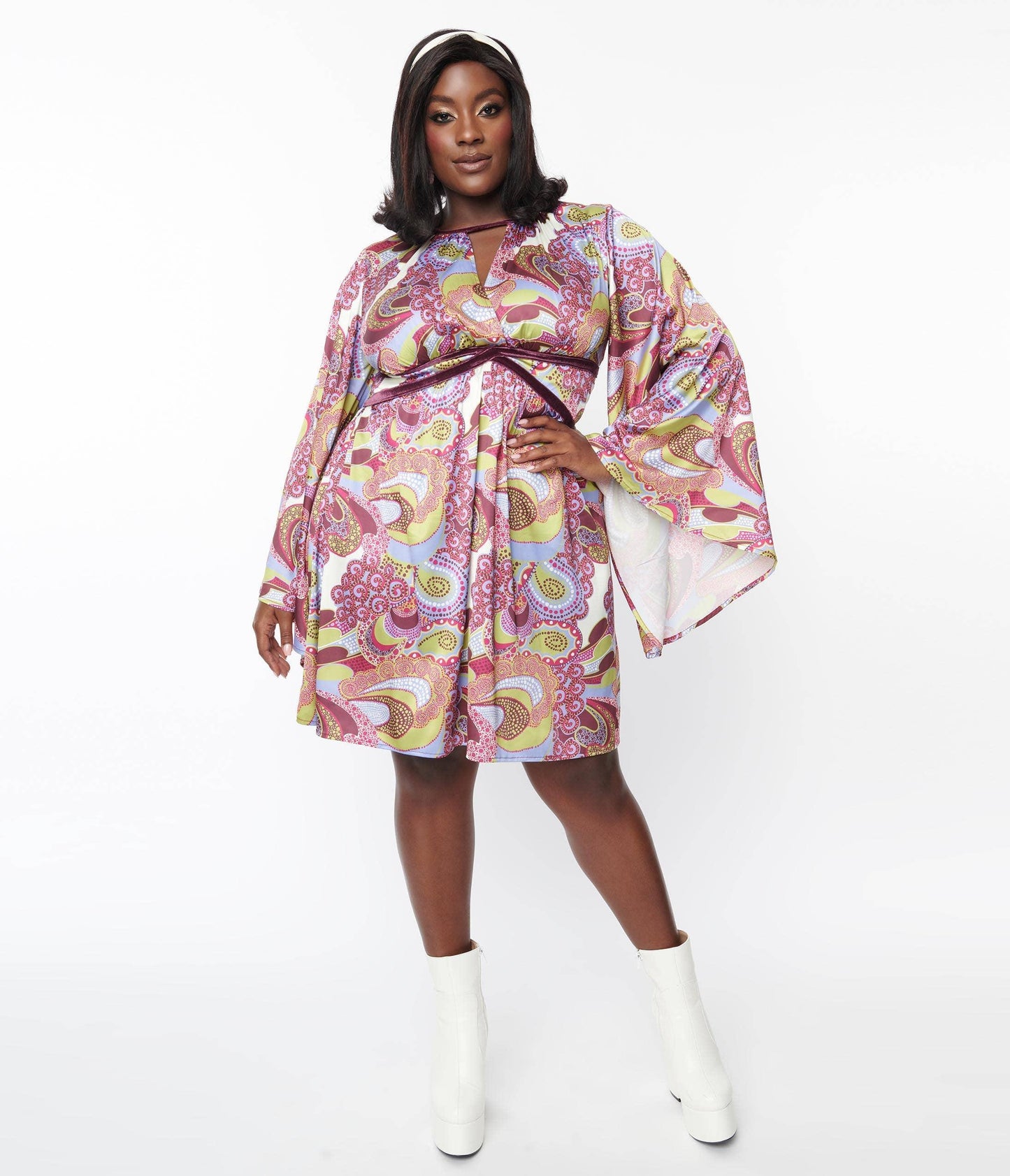 Smak Parlour Plus Size Purple & Green Paisley Print Mini Dress - McCabe's Costumes