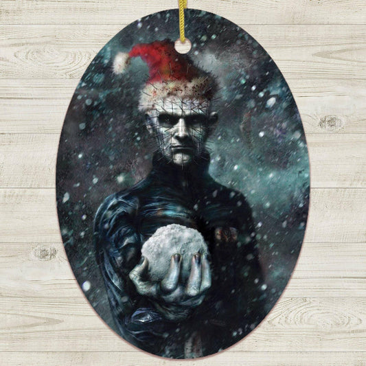 Pinhead With Santa Hat Christmas Ornament, Horror Theme: Oval - McCabe's Costumes